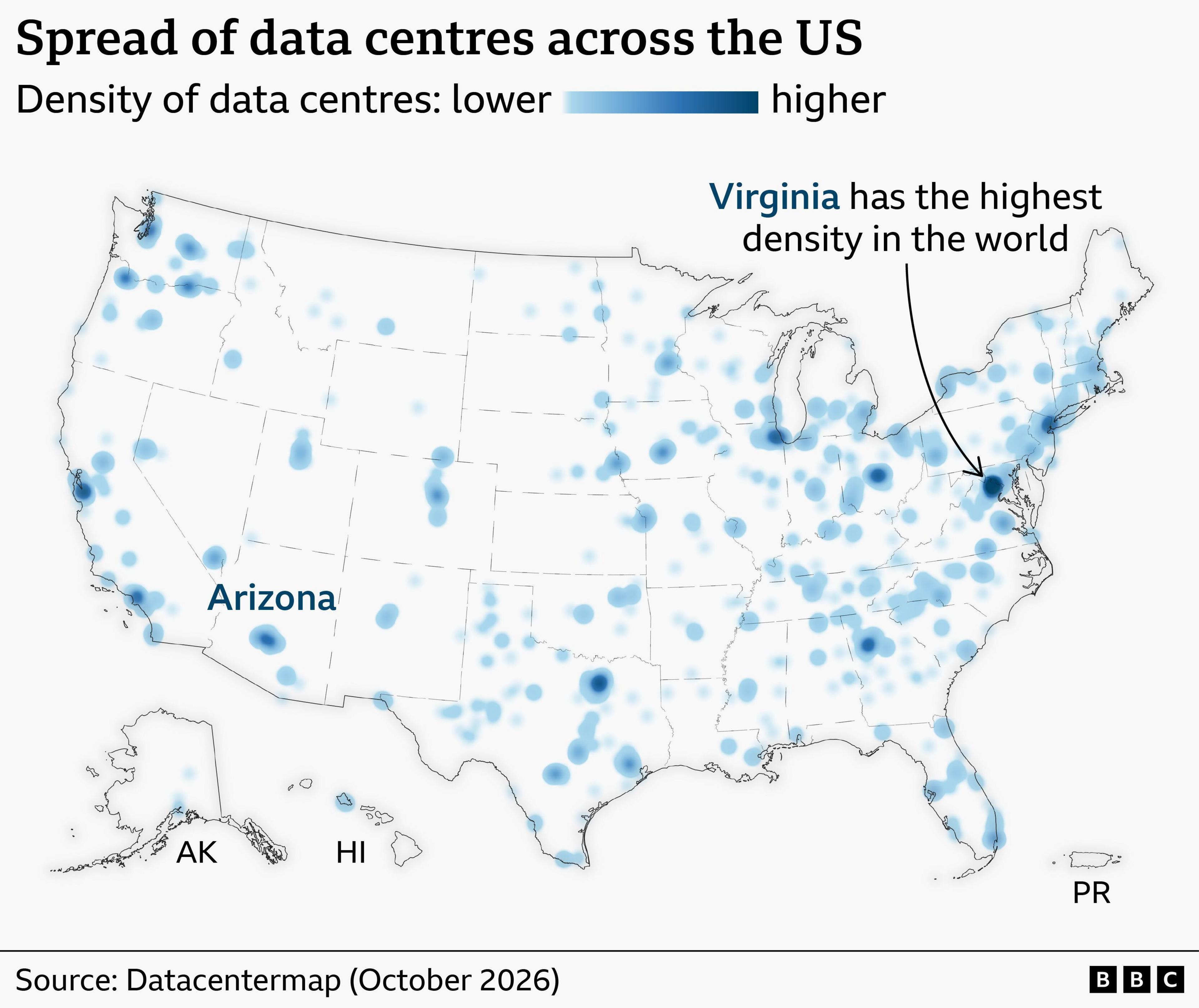 Map of data‑centre density across the United States