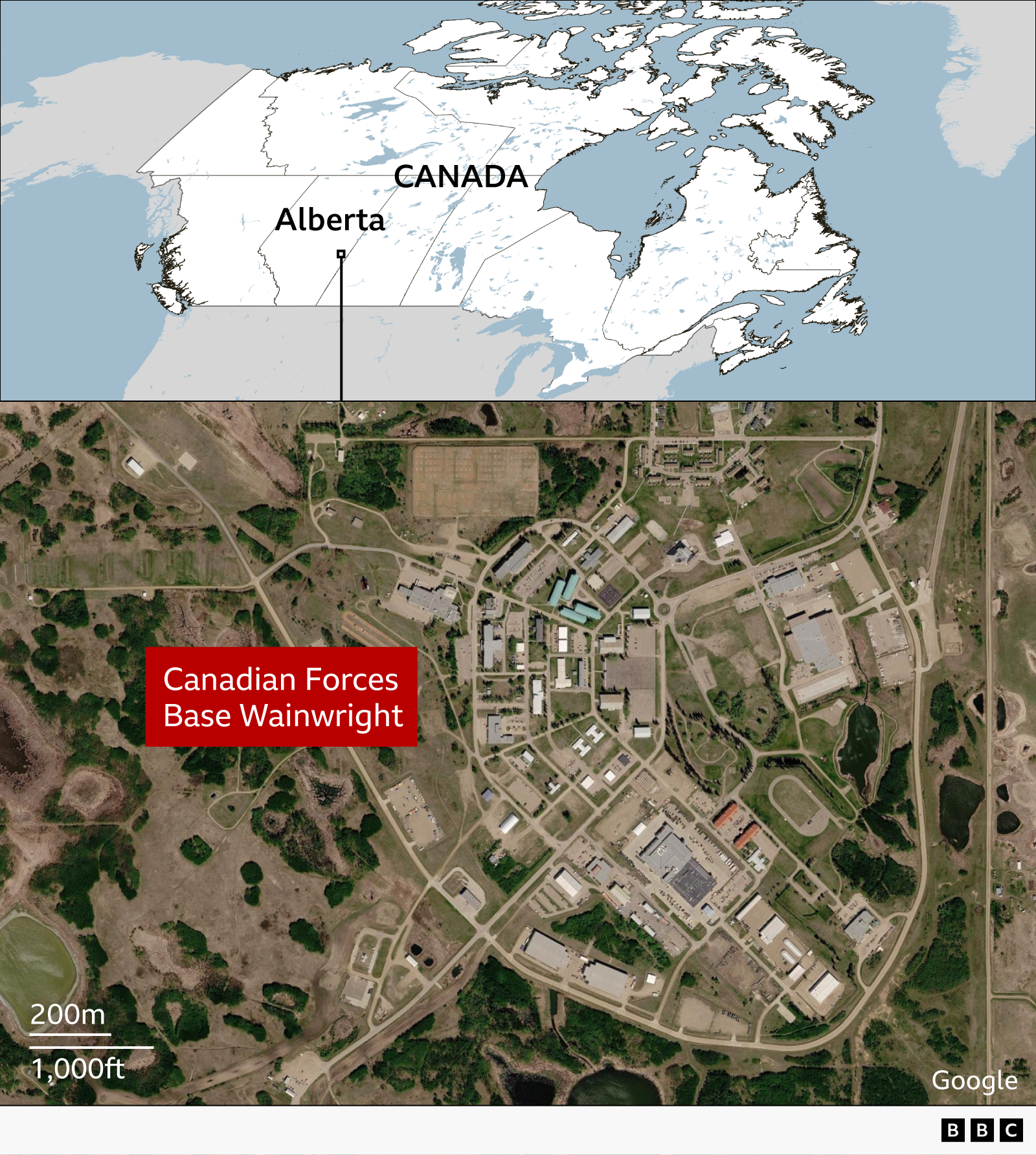Map of Canada with CFB Wainwright highlighted
